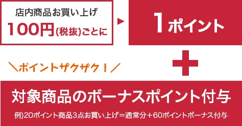 店内商品お買い上げ100円(税抜)ごとに→1ポイント+ポイントザクザク! 対象商品のボーナスポイント付与 例)20ポイント商品3点お買い上げ=通常分+60ポイントボーナス付与