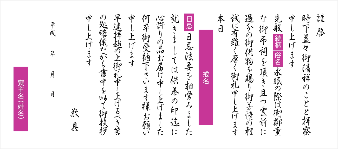 仏式のご返礼品付礼状